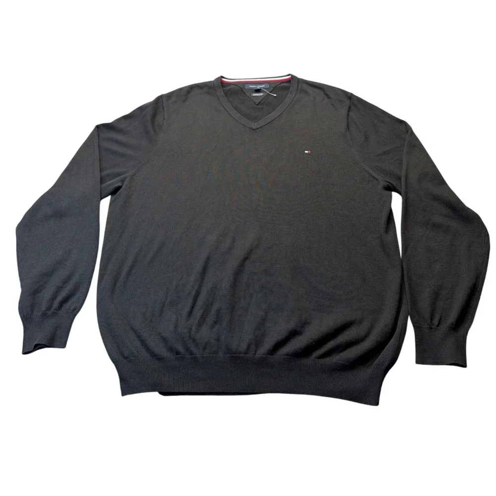 Tommy Hilfiger Men XXL Black Premium Cotton V-Neck Logo Knit Sweater Long Sleeve